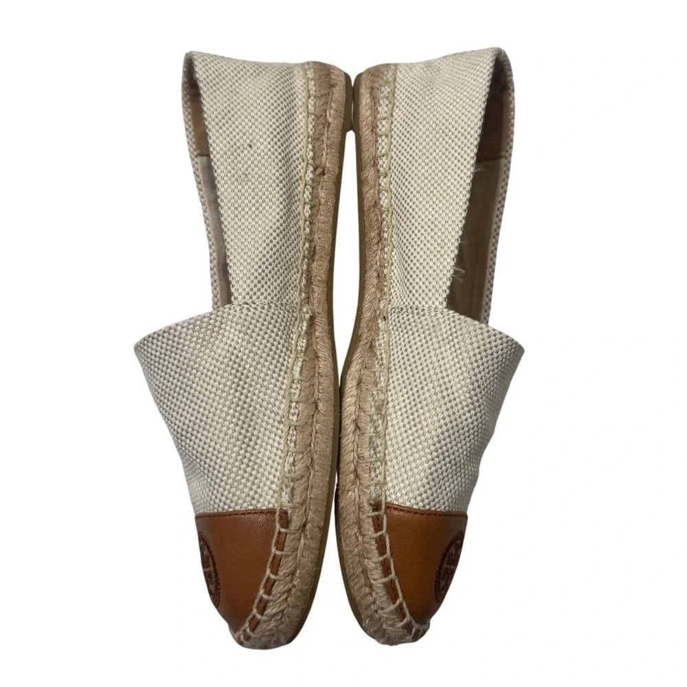 Tory Burch Canvas Leather Espadrilles Womens 6 Natural Ambra Excellent Logo Flat